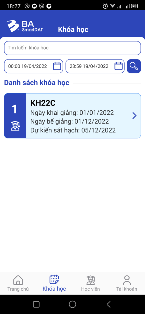 Giao diện Khóa học - App Giáo viên BA-SmartDAT
