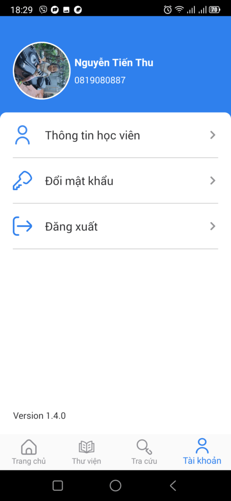 Giao diện Tài khoản - App BA-SmartDAT học viên