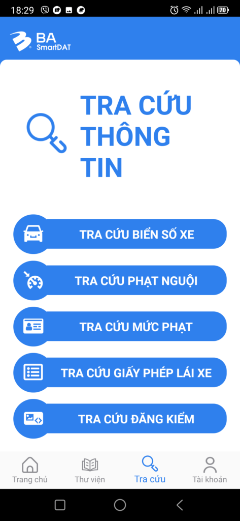 Giao diện Tra cứu - App BA-SmartDAT học viên